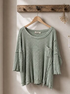 Three Bird Nest Women Large Sage Green Ribbed Oversized Top Lagenlook minimalist